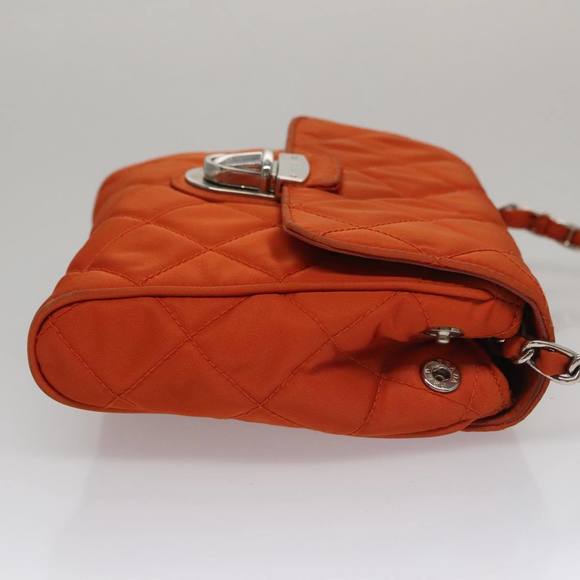 PRADA Chain Quilted Shoulder Bag Nylon Orange Silver Auth 104331 - Picture 4 of 16